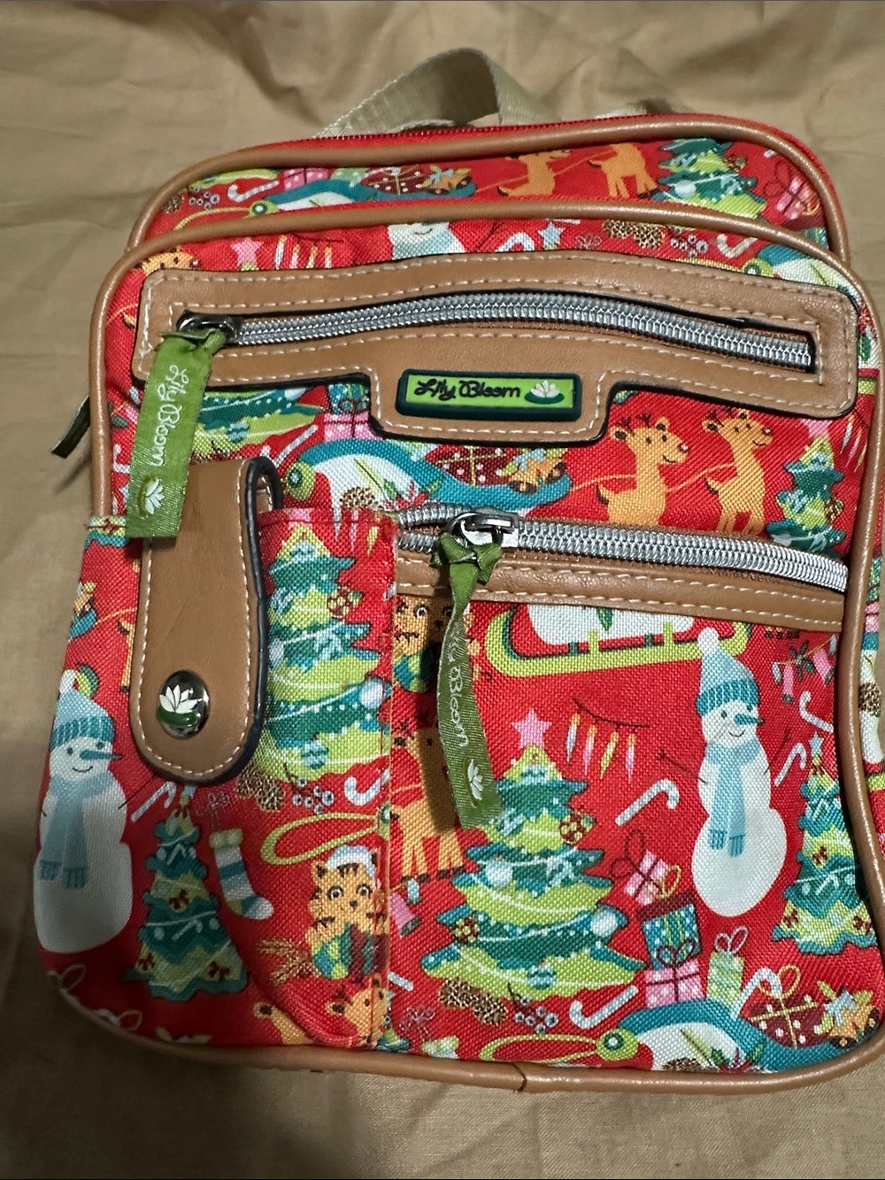 Lily Bloom Red womens Crossbody Bag with Holiday Print